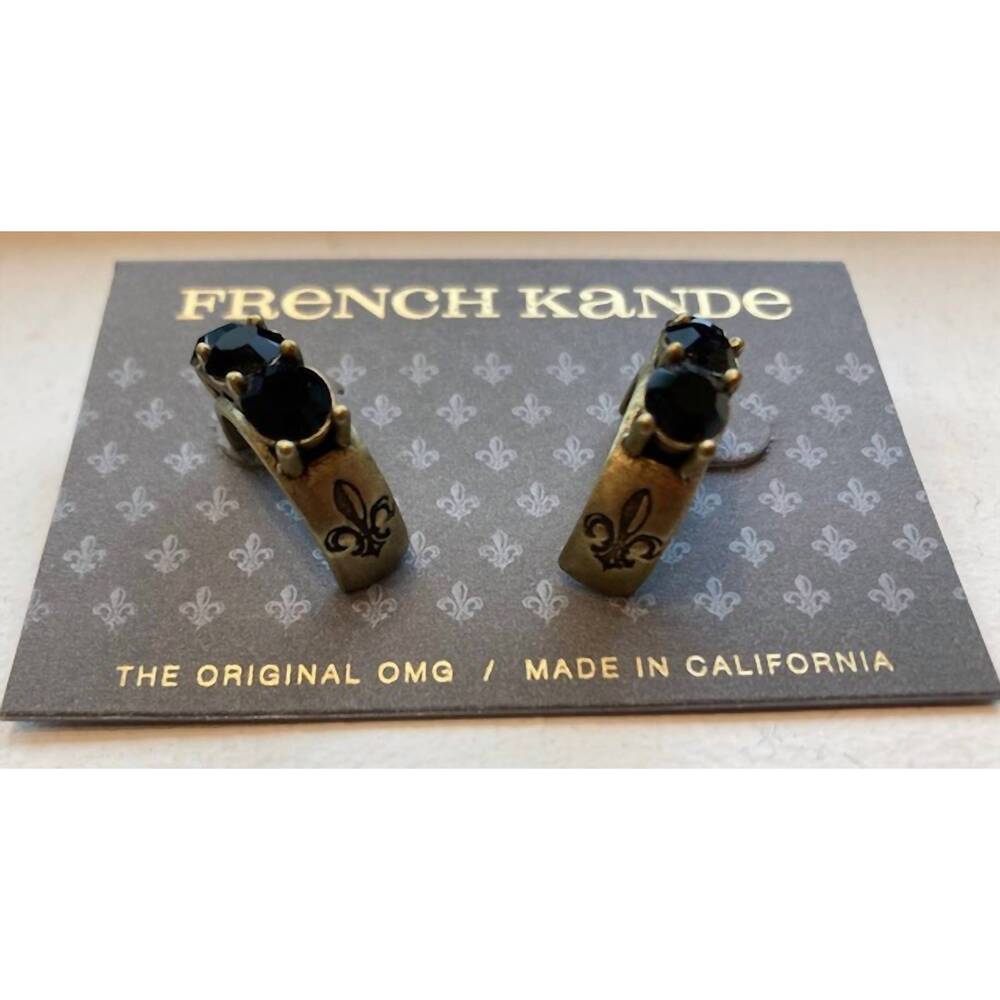NEW FRENCH KANDE huggie earring with austrian crystal in jet and brass - Picture 2 of 2